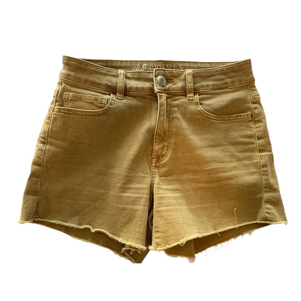 American Eagle Hi Rise Shortie Women's Cut Off Gold Denim Shorts Super Stretch S